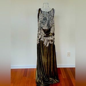 Stunning Sleeveless Grecian Scooped-Back Lame Gown w/ Beaded Lace Appliqué Sz 18
